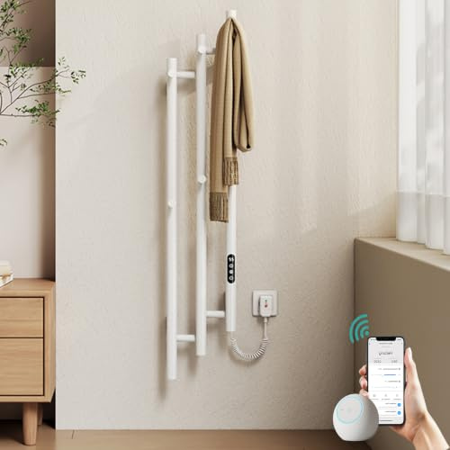 EMKE Scaldasalviette elettrico 1150 x 216 mm, scaldasalviette di design con controllo app WiFi, scaldasalviette con 6 ganci, 220 W, IP45, bianco