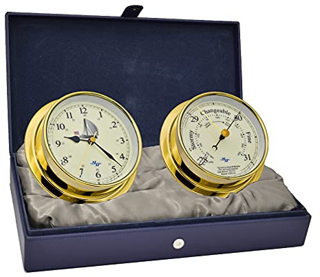 MASTER-MARINER Patriot Collection, Nautical Cabin Gift Set, 5.75” Diameter Clock and Barometer Instruments, Chrome Finish, Ivory Patriot dial
