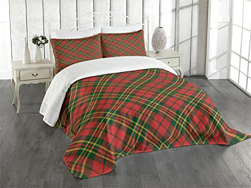 ABAKUHAUS Kariert Tagesdecke Set, Irish Tartan Weihnachten, Set mit Kissenbezügen Waschbar, für Einzelbetten 170 x 220 cm,Smaragdgrün Gelb