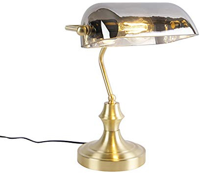 Qazqa - Classic Notary lamp Gold with Smoked Mirror Glass - Banker- - Classic I Antique - Suitable for LED E27 | 1 Light - Glass Table lamp - Suitable for Living Room I Bedroom I