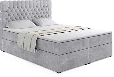 ALTDECOR Boxspringbett mit Matratze und Lattenrost, Boxbett, Topper, Polsterbett mit Bettkasten, Bett mit Stauraum H3-Matratze, Doppelbett, Springboxbett - Serene - 120x200 - Grau Samt