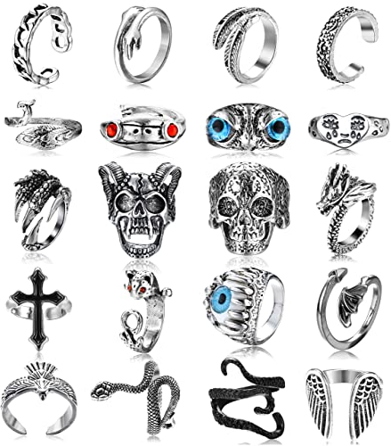 JeryWe Gothic Ring-Set für Männer & Frauen: 20 Pcs Vintage Punk Offene Ringe in Silber mit Schwarzem Totenkopf & Skelett-Augen, Stapelbar & Einstellbar - Y2K & Tier Design