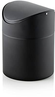 WAS Germany Tischmülleimer - mit Schwingdeckel - als Küchenabfalleimer oder Kosmetikeimer verwendbar - aus pulverbeschichtetem Stahl - schwarz - 12 cm Durchmesser - 16 cm hoch - 1,2 l