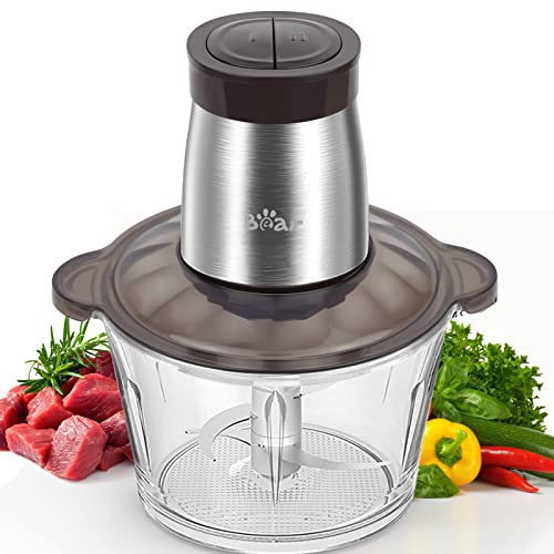 Bear 2L Vetro Tritatutto Elettrico Mini, Funzione Impulso Con Una Sola Mano, 2600r/Min, 2 Velocità, Tritatutto Con 4 Lame In Acciaio Inox, Per Carne, Alimenti Per Bambini, Verdure