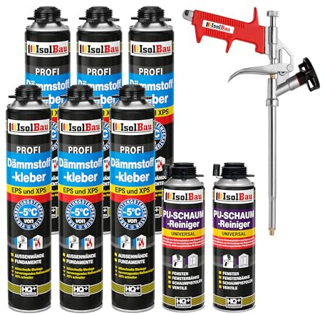 Isolbau B2 Dämmstoffkleber SET - 6 x 750 ml Perimeterkleber, 2 x PU-Schaum-Reiniger & 1x Schaumpistole für EPS & XPS-Platten - 1K PU-Klebeschaum für Fixieren und Dämmung