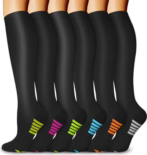 BLONGW 6 Paar Kompressionsstrümpfe Damen und Herren Kniestrümpfe Sport Stützstrümpfe Kompressionssocken für Flug Thrombosestrümpfe Laufen Reisen
