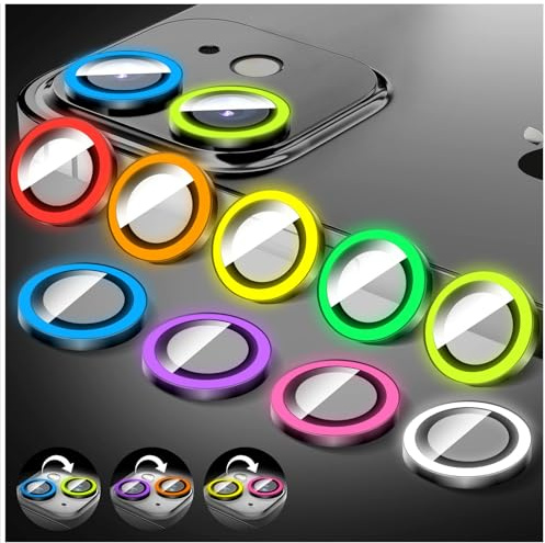 LucBuy Luminous Camera Lens Protector Compatible for iPhone 13/13 Mini, Bling Noctilucent Tempered Glass Camera Cover Film Stickers, Upgraded Auto-Align Anti-Scratch Alloy Rings