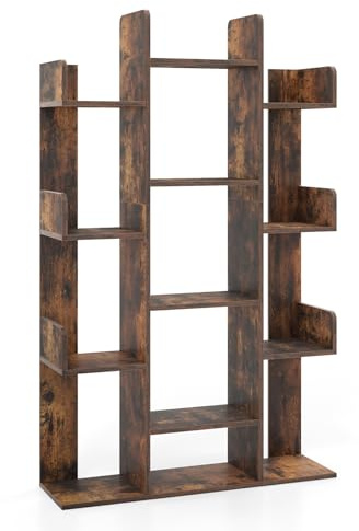 SFAREST Tree-Shaped Bookcase, 13 Tier Standing Wooden Bookshelf with Side Buffer & Anti-Tipping Devices, Storage Display Book Rack Shelving Unit for Living Room Study Office (Rustic Brown)