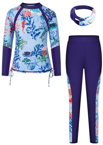 GRACE KARIN Mädchen Badeanzug Sommerurlaub Rush Guard Oberteil und Hose Elastisch Langärmelig Swimsuit Blau 7-8 Jahre