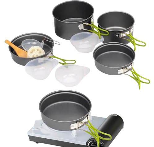 Ensemble de cuisine pour camping - Ustensiles de randonnée et de pique-nique, ensemble de poêles antiadhésives empilables avec poignée ergonomique pour randonnée, pique-nique, camping-car, activités