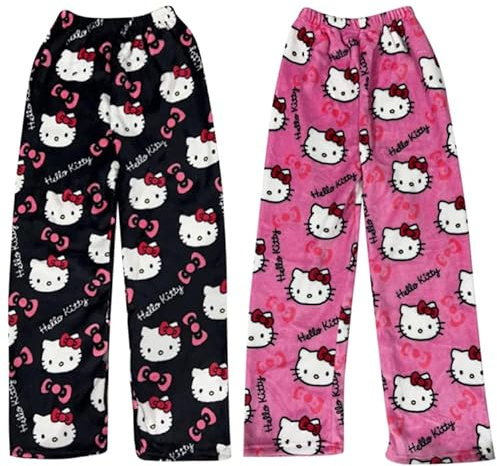 2PC Pantaloni Pigiama Flanella Donna Lungo, Pantaloni Pigiama Donna Y2K Cartoon Anime Kawaii Pigiami Morbido Comodo Caldo Pile Invernale Casual Casa Pigiamino Pantalone per Natale e Halloween