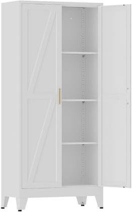 COFaR 61'' Tall Metal Storage Cabinet, Farmhouse Kitchen Pantry Cabinet with Doors and 3 Adjustable Shelves, White Metal Cabinets for Kitchen, Bathroom, Laundry, Garage, 4-Tier