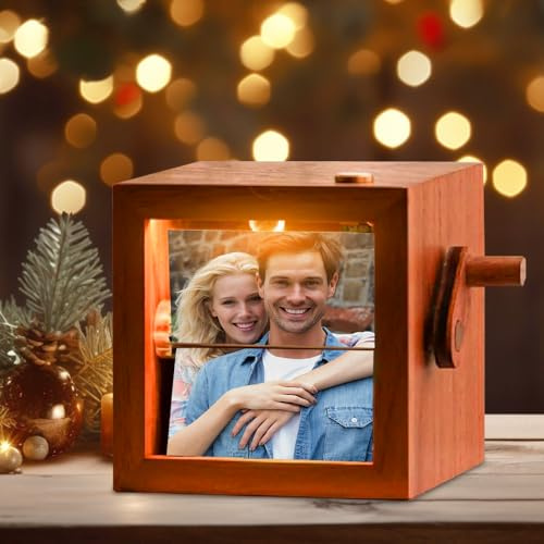 Hojalis Custom Photo Flip Book Frame, Mechanical Hand-Cranked Flipbook Box, Hand Crank Wooden Flipbox with Light, Photo Album Wooden Rotating Memory Box, for Anniversary, Wedding, Birthday, Valentine