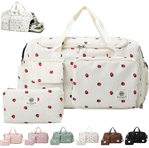 AUNGKWANG Borsone da Viaggio da Donna, Fragola Borsa Sportiva Donna in Velluto a Coste, Borsa Sportiva con Scomparto per Scarpe, Scomparto Umido and Portafoglio Piccolo, per Notte Weekender