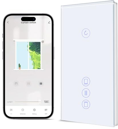 BSEED Alexa ljusbrytare med rullgardinsbrytare, Wlan rullgardinsstyrning, 1 fack 1 vägs WiFi-pekbrytare persiennbrytare kompatibel med Smart Life/Tuya App, Alexa och Google Home vit