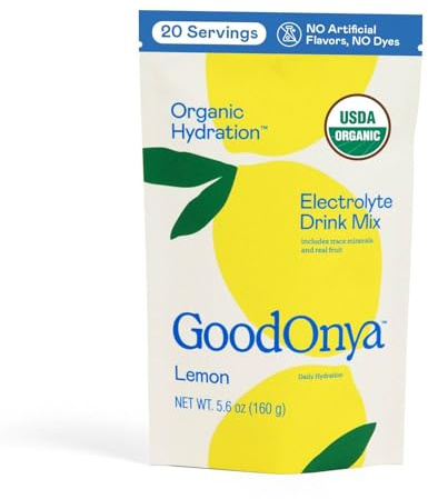 GOODONYA Organic Hydration Electrolyte Drink Mix, Certified Organic Hydration Powder, Non-GMO, Biochecked Glyphosate Free, Low Sugar, Lemonade Flavor, No Artificial Flavors, 20 Servings
