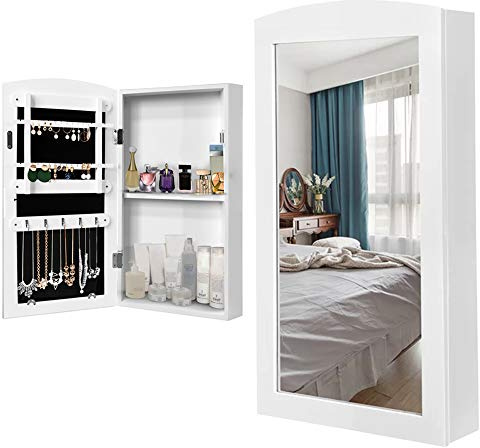 BAKAJI Miroir à bijoux mural armoire à bijoux avec porte porte-objets et miroir intérieur, armoire à bijoux, couleur blanche (60 x 30 x 8,5 cm)