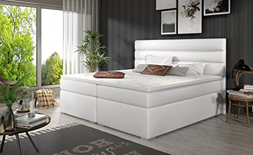 A-dekor home Boxspringbett ALPI Hotelbett, kontinentales Bett,140/160/180x200cm,Grau/Schwarz/Weiß/Blau/Grün, Bettkasten, Bonell Matratze, Topper (180 x 200 cm, Soft 17 Weiß Kunstleder)
