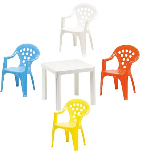 hLine Kinder Garten Sitzgruppe Tisch mit Stühlen Gartenstuhl Sessel (1 Tisch 4 Stühle bunt)
