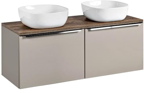 Lomadox Badmöbel Waschtisch-Unterschrank Set 120cm, Taupe mit Vintage Oak Eiche, 2 Keramik-Waschbecken, 2 Softclose-Schubkästen, B/H/T 120,4/62,5/46 cm