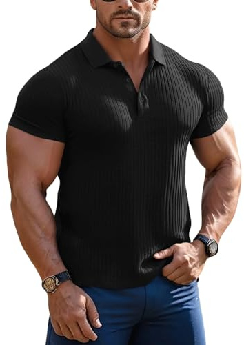 Muscle Cmdr Men's Cotton Muscle Polo Shirts Slim Fit Business Casual Tee Long&Short Sleeve Ribbed V Neck Shirt Black/L