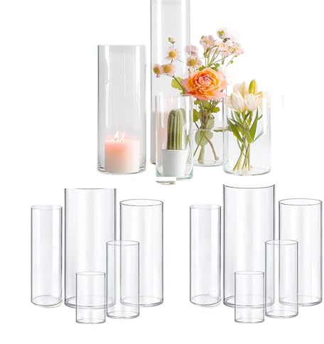 Glasvas bordsdekoration cylindrisk glasvas kan användas för blommor, kiselstenar, dekorativa bordsvaser, glasvaser blandad storlek kan användas för bröllop (15, 10 + 15 + 19 + 20 + 25 cm)