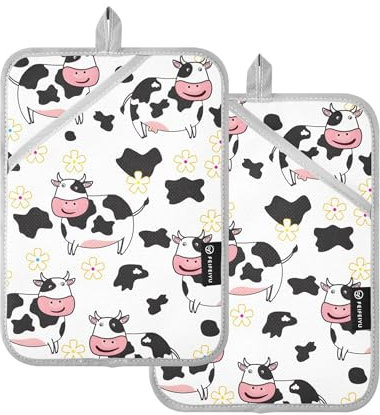 Juego de 2 soportes para ollas de cocina, resistentes al calor, color blanco, con diseño de vaca lechera y bolsillos para hornear
