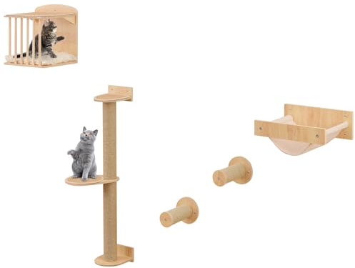 COSTWAY Set de Pared de Escalada para Gatos, 5PCS Estante de Escalada para Gatos de Pared, con Árbol de 3 Niveles, Hamaca, Poste y Alfombras Rascadores, Centro de Actividades Que Ahorra Espacio
