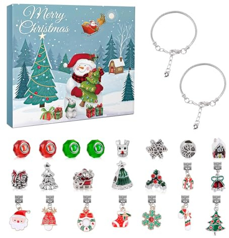 VelvetGlow Christmas Advent Calendar Bracelets for Girls, 24 Days DIY Jewelry Making Kit with 22 Charm Beads and 2 Bracelets, Xmas Countdown Gift for Kids Teens Women