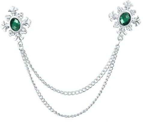 Broche Chaîne Broche à chaîne croisée en cristal for femmes, épingles et broches de col chemise for, boucle revers personnalité, accessoires for(Sliver Green)