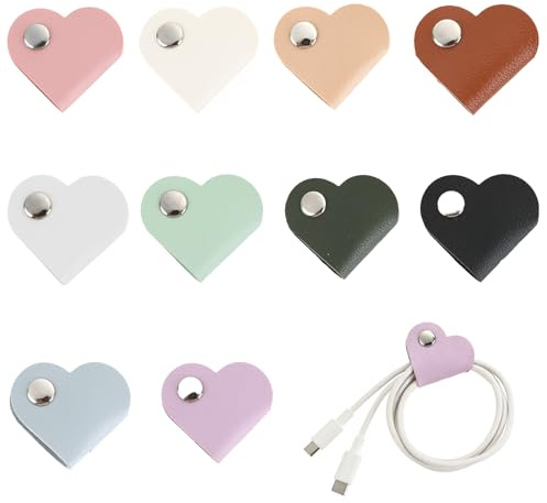 10 Pack Heart Cord Organiser, Cord Organiser, Cable Tidy Clips, Leather Cable Straps Organiser, Reusable PU Leather Wire Ties for Charging Cords, USB Cables, Earphones and Power Cords