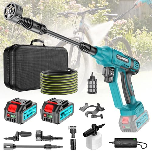 Limpiador de Alta Presión con Batería, Pressure Washer Modo 4-Velocidades Max 150Bar, Hydro Blast, Limpiador de Alta Presión Multifuncional Móvil con 2x4.0Ah Baterías, 6-en-1 y Boquilla Giratoria de