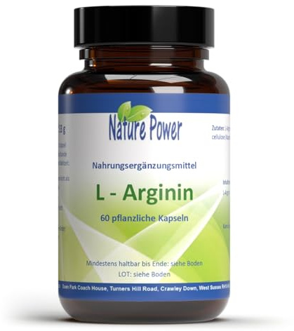 Nature Power L-Arginin 500 mg Hochdosiert, 60 Vegane Kapseln | Aminosäure für Durchblutung & Gefäße, Unterstützt die Stickstoffmonoxid-Bildung, Ohne Zusatzstoffe