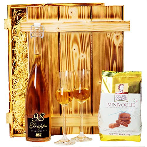 Geschenkset Venedig | Italienischer Geschenkkorb gefüllt mit Grappa, Gläser, italienischer Schokolade & Holzkiste | Spirituosen Geschenk für Männer & Frauen zum Geburtstag
