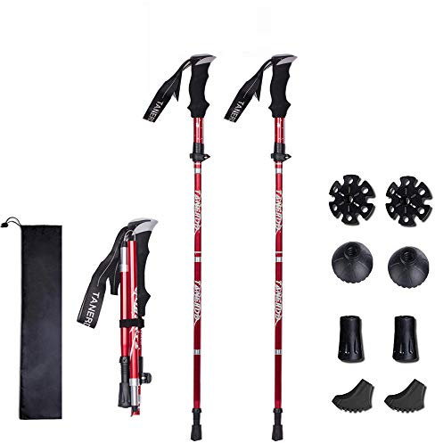 XDSP vandringsstavar, ultralätt promenad/vandring, stöddämpning och snabblåssystem, justerbara handledsremmar, ergonomiskt grepp för resor/backpacking (röd x 2) 2 st