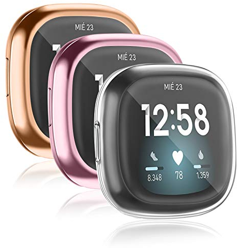 Vancle 3-Stück Hülle Kompatibel mit Fitbit Sense/Versa 3 Schutzhülle Schutzfolie, Weiche TPU Schutzfolie Vollschutz Display Schutz Hülle für Sense/Versa 3 NUR (Rosegold/Rosepink/Klar)