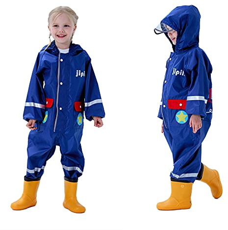 Baogaier Garçons Combinaison de Pluie Enfants Imperméable Capuche Poncho Vest Manteaux Léger Long Réfléchissant Animal Imprimé avec Bord Transparent pour Randonnée Running Sport Vélo 6-7 Ans Bleu