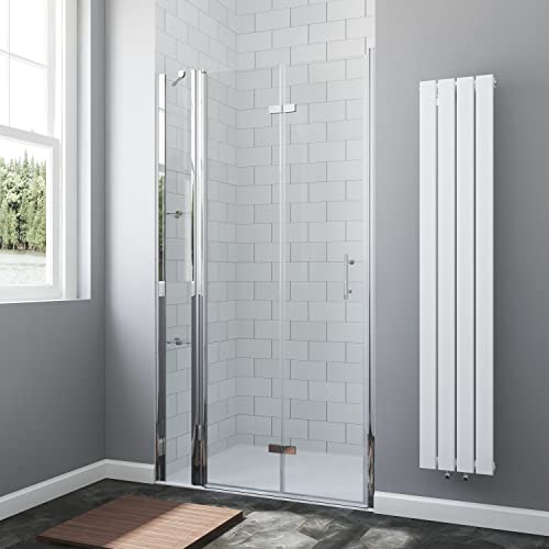 AQUABATOS® 120 x 195 cm Faltbare Duschtür in Nische Nischentür Dusche Nischenfalttür Falttür mit Festteil und Eckregalen Duschablagen aus 6 mm ESG Nano Echtglas
