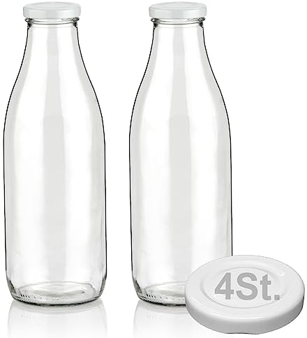 Geniess-Bar! 2 Milchflaschen 1 Liter inkl. Deckel & Ersatzdeckel 1L Glasflaschen erhältlich mit 2/4/6/9/12/15 Saftflaschen 1000ml Flaschen Vorratsglas Weithalsflaschen leer mit Schraubdeckel