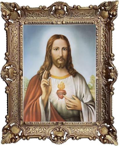Gemälde Wandbild Gott Jesus Christus Herz Wand Bild mit Rahmen - BAROCK - 56x46 cm 50B