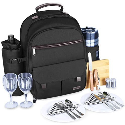 Sunflora Picknick ryggsäck set för 2 personer med isolerad kylning och filt, picknickkorg för 2 personer för familj camping utomhus (svart)