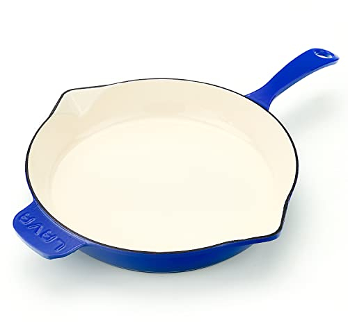 Padella in ceramica lavica smaltata in ghisa con beccuccio laterale – 28 cm rotonda con interno smaltato in ceramica bianca, serie Edition (blu)