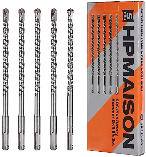 HPMAISON SDS Plus Rotary Hammer Drill Bit Set 10mm x 210mm, 5PCS Cross Drill Bits Hammer Impact Drill Bit 4-Cutter Carbide Tips for Drilling Stone, Concrete, Brick Wall, Cement, Masonry
