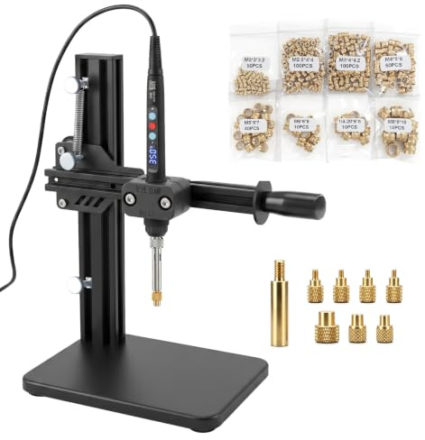 Vertical Heat Press Machine-Heat Set Insert Tools with 370pcs Threaded Inserts and Heat Set Tips M2/M2.5/M3/M4/M5/M6(1/4)/M8 add Brass Nuts for Threaded Inserts for Plastic and 3D Printing Components