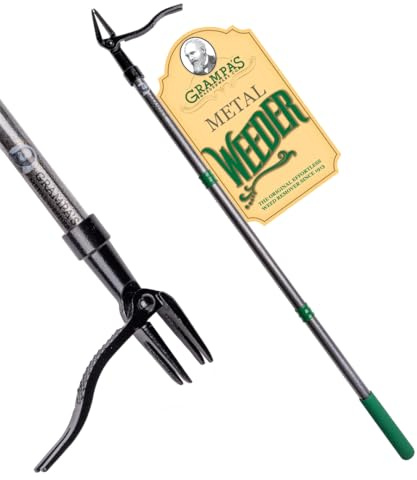 Grampa's Metal Weeder - Stand Up Weed Puller Tool with Steel Long Handle - Made with All Steel Handle & 4-Claw Steel Head - Easily Remove Weeds Without Bending, Pulling, or Kneeling (Green)