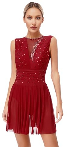 Runhomal Konståkning klänning dam strass leotard klassisk dansklänning ärmlös trikåer gymnastik rytmisk tävling gym balettdräkt S-XXL, I Bourgogne, L