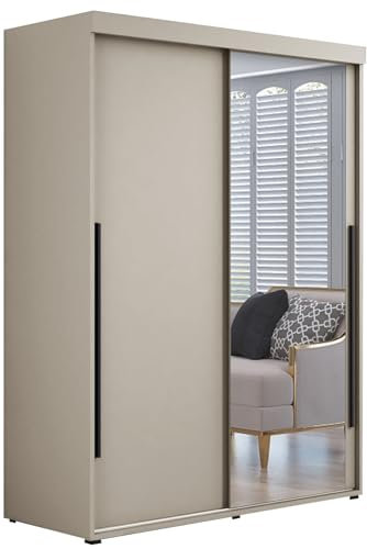 Meble Slupia - Garderobenschrank - Kleiderschrank mit Spiegel und Schiebetüren - 100x202x62cm - Kleider Schrank Schlafzimmer mit Kleiderstange - IGA 01 Kaschmir, Griff Schwarz