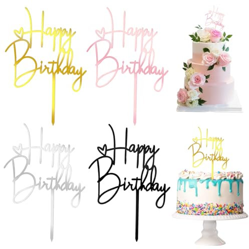 Qianyu 4 Packs Happy Birthday Acrylic Cake Topper Decorations Multiple Colour Cupcake Toppers Supplies for Children or Adults Cake Inserts DIY Cake Sign Party Decoration Ideas Keepsake
