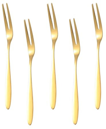 ZAAWUUT Lot de 5 fourchettes en acier inoxydable à 2 dents pour cocktail, apéritif, dessert, fruits, fête, voyage, 13 cm (doré)