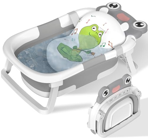 Baby Bath Tub Foldable,Bathtub Essentials for Newborn with Collapsible Bath Support and Non Slip Bath Seat Cushion Stand Pad,Folding Infant Baths Tub to Toddler 0-6-12 Months Portable Travel(Grey)